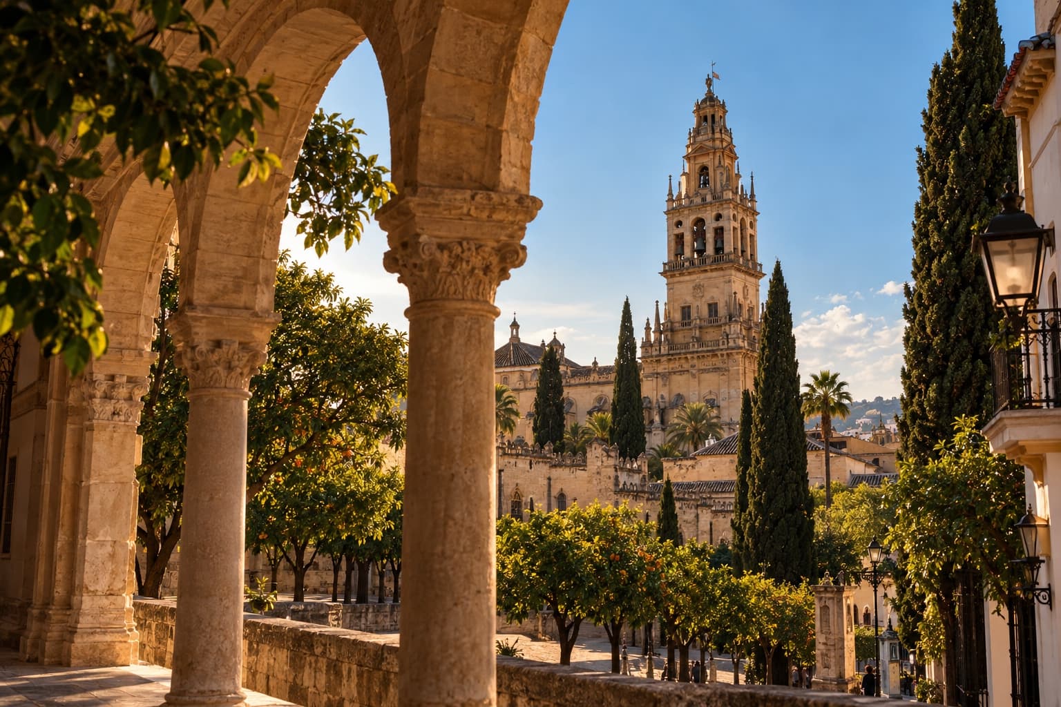 Arcos de piedra y naranjos enmarcando la torre campanario de Córdoba