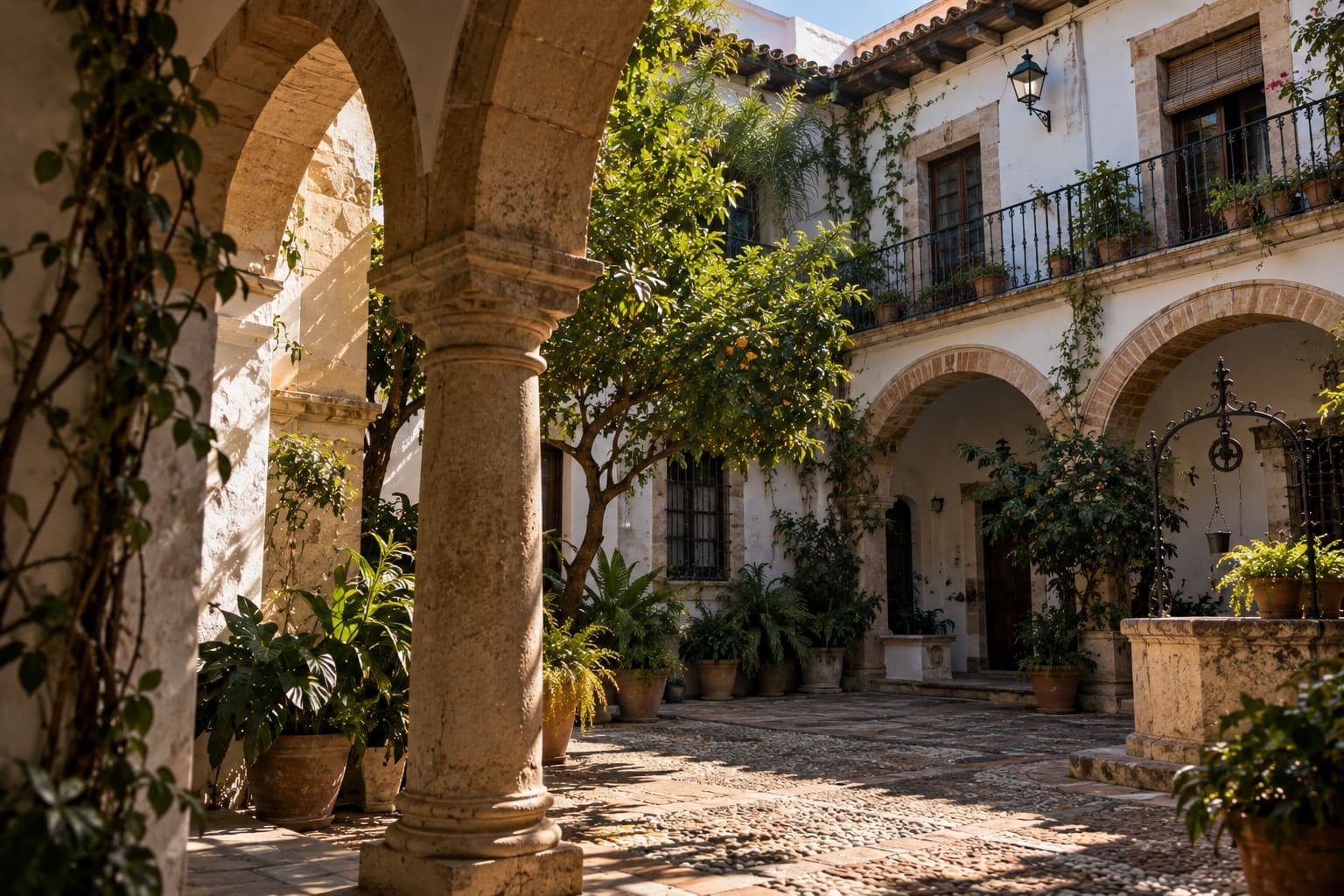 Patio cordobés con arcos, columnas y macetas