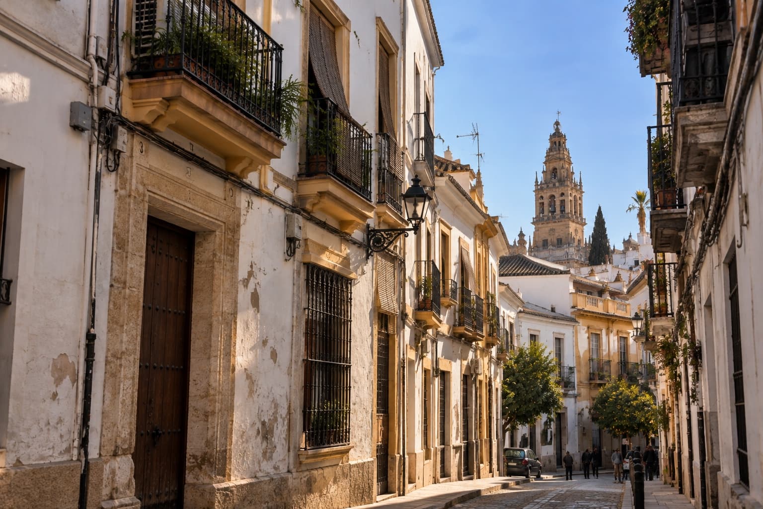 Calle encalada con balcones de hierro y la torre al fondo