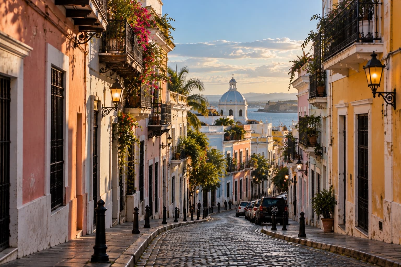 Calle de fachadas pastel con balcones y una cúpula frente al mar